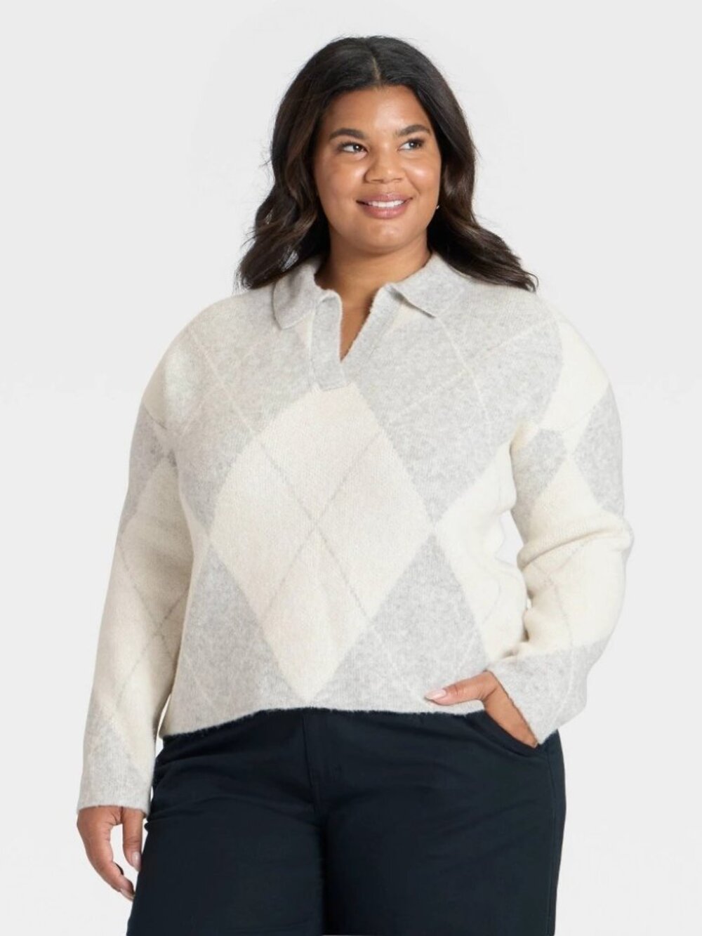 Polo Collar Cozy Knit A New Day Pullover Sweater Gray Cream Argyle - Picture 1 of 4